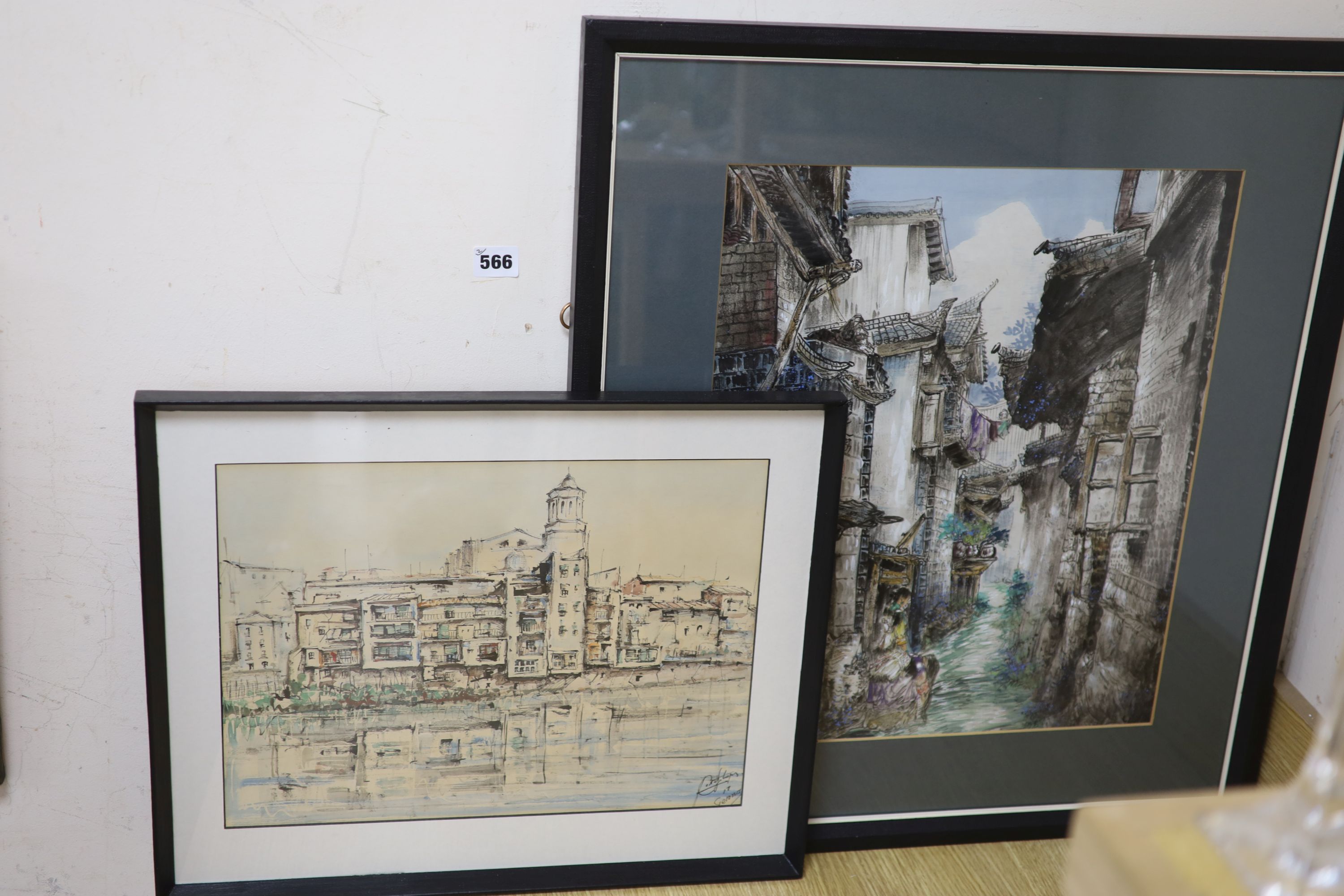 Cortasbepe, watercolour, View of Gerona, indistinctly signed, 28 x 38cm, together with an ink and watercolour study of a Chinese backwater, 45 x 38cm